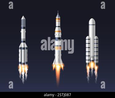 Realistic space rocket set of launching spaceships with burning engines and smoke trails on dark background. Detailed 3d white and orange vessels with metallic textures for aerospace projects. Stock Vector