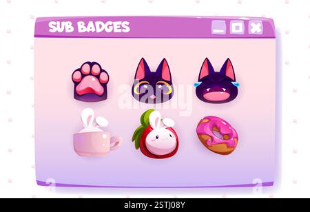 Stream subscriber badges set - black cat emotions with paw print, teacup bunny, strawberry rabbit mascot, glazed donut icons. Pink and purple channel reward emotes for gaming community levels. Stock Vector