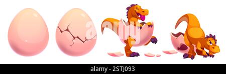Orange baby dinosaur hatching sequence - whole pink egg, cracked shell with cracks, joyful raptor emerging from eggshell, curious little dino character. Cute prehistoric reptile birth process. Stock Vector