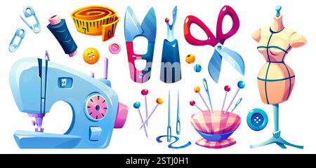 Tailor equipment set isolated on white background. Vector cartoon illustration of sewing machine, needles and pins, threads, scissors, rolled measuring tape, buttons, mannequin, fashion design items Stock Vector