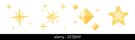 Pixel stars set - glowing yellow shapes in different geometric forms, sparkles and luminous crosses for space arcade game design. 8-bit digital elements. Retro style bright pixelated objects. Stock Vector