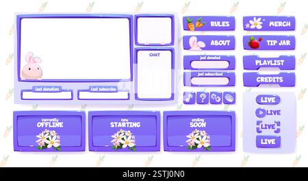 Stream overlay set with purple frames and cute spring elements - bunny mascot, daisy flowers, strawberry and carrot icons. Screen layouts of donation alerts, chat box, live status for gaming broadcast Stock Vector