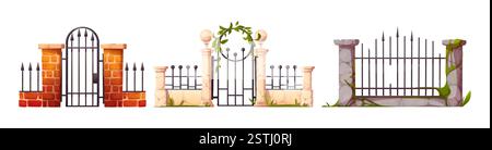 Cartoon iron gates with stone and brick fence set. Garden entrance with metal railings, marble pillars, wrought spikes, green creeping leaf and moss elements. Architecture barrier construction. Stock Vector