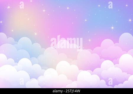 Cloudy sky background with cute stars. Magic pink and blue pastel abstract landscape. Dreamy girly vector abstract backdrop. Cartoon soft gradient Stock Vector