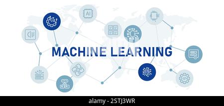 Machine learning AI artificial intelligence tech icon set modern futuristic robot technology development data analyzing programming engine thinking Stock Vector
