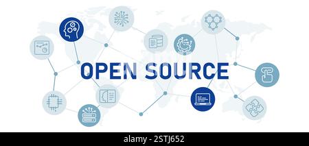 Open source license open code free to use built by community icon set with illustration software management programming Stock Vector