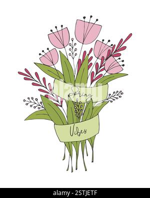 Bouquet of flowers greeting card Spring Vibe, handmade doodle drawing. Vector illustration Stock Vector