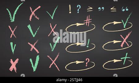 Charcoal color pastel pencil hand drawing check box with mark v x plus shapes White elements on chalkboard Grunge chalk crayon scribbles doodles Stock Vector