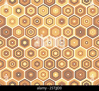 Tileable hexagon pattern. Bold rounded stacked hexagons mosaic pattern. Orange color tones. Hexagonal cells. Tileable pattern. Stock Vector