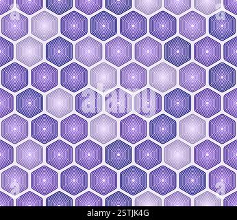 Geometric shapes background. Purple color tones gradients. Rounded stacked hexagons mosaic pattern. Hexagonal cells. Seamless pattern. Stock Vector