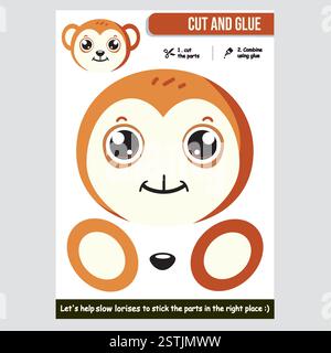 Slow loris paper craft educational game for kids. Fun and creative activity. Stock Vector