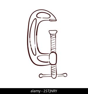 Carpenter clamp logo in line art style. Hand drawn design for construction business isolated on a white background. Stock Vector