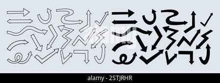 Simple linear Outline and silhouette black Directional Arrows Doodles. Sign Directions Curved Backward Set. Isolated Vector Hand Drawn. Concept pointe Stock Vector