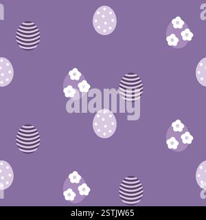 Happy Easter egg pattern. Vector spring purple violet seamless pattern. Easter eggs with abstract flowers. Design background flat style element. Stock Vector