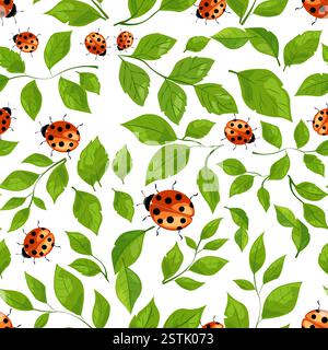 Colorful vector illustration featuring ladybugs among lush green leaves in a playful seamless pattern Stock Vector