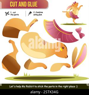 Cute animal rabbit cut and glue worksheet for kids. Fun and creative learning activity. Stock Vector