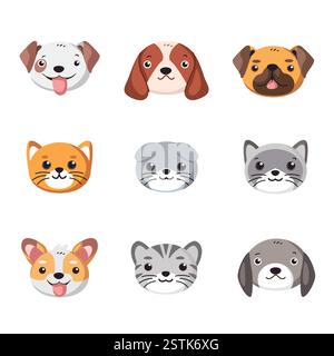 Cartoon animal faces vector pack. Adorable and playful icon set for creative projects Stock Vector