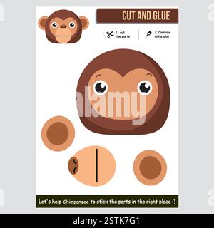 Cartoon vector illustration of a chimpanzee cutout and gluing activity for kids Stock Vector