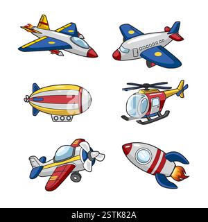 Cartoon illustration of various air transportation. helicopter, fighter plane, aeroplane, propeller plane, zeppelin, and rocket Stock Vector