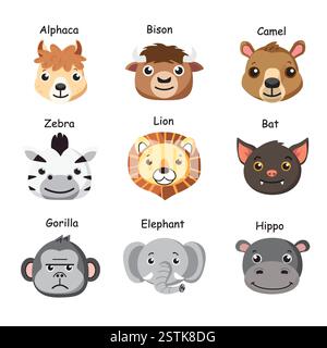 Kawaii animal head icon collection. Cute and friendly vector mascot illustrations Stock Vector