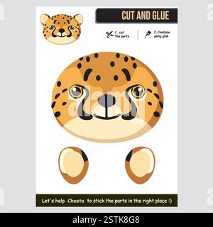 Cartoon cheetah cutout and gluing activity for kids. Fun educational craft. Stock Vector