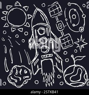 Space vector icons. Space sketch. Drawn Cosmos background. Doodle vector space illustration with planets, comet, stars, moon, sun and black hole Stock Vector