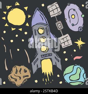 Space vector icons. Space sketch. Drawn Cosmos background. Doodle vector space illustration with planets, comet, stars, moon, sun and black hole Stock Vector