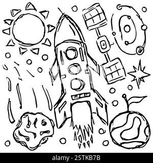 Space vector icons. Space sketch. Drawn Cosmos background. Doodle vector space illustration with planets, comet, stars, moon, sun and black hole Stock Vector