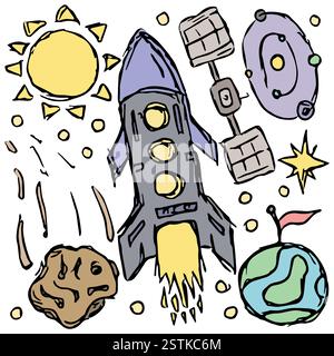Space vector icons. Space sketch. Drawn Cosmos background. Doodle vector space illustration with planets, comet, stars, moon, sun and black hole Stock Vector
