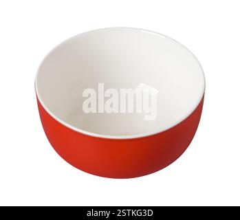 Empty red porcelain ramekin cutout. Clean scarlet bowl isolated on a white background. Tableware crockery of clay ceramics porcelain for food design. Stock Photo