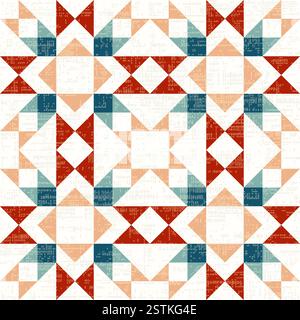 Rustic patchwork plaid pattern, seamless quilt block pattern background, featuring simple shapes, slightly textured, vector illustration, red turquois Stock Vector