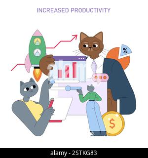 Increased productivity is represented through a creative scene featuring anthropomorphic cats engaging in business activities. The illustration highlights data analysis, teamwork, and goal setting, emphasizing growth and progress. Effective collaboration and innovation are key themes that resonate with modern work culture. Vector illustration. Stock Vector