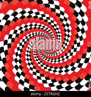 Speed racing checkered flag, spiral hypnotic swirl background, optical illusion movement, vector illustration opt art style, abstract geometric, psych Stock Vector