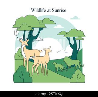 An artistic illustration depicting various forms of wildlife such as deer and lions in a peaceful dawn setting Stock Vector
