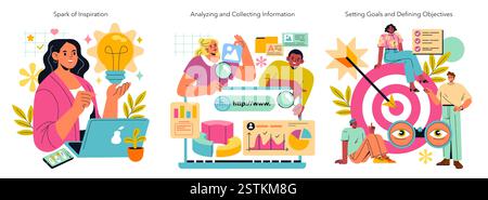Workflow illustration showing steps of creative process. It includes spark of inspiration, data analysis, and goal setting. These components are vital for effective project management and productivity. Vector illustration. Stock Vector