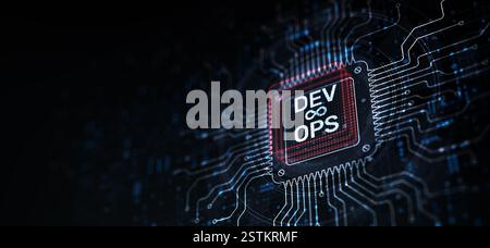 DevOps Integrating Development and Operations for Efficient Software Delivery Illustrated on a Processor Touched by a Human Hand. Stock Photo