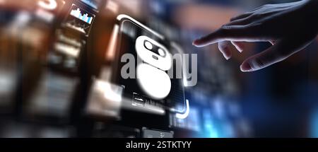 Chat Bot Automating Customer Interaction and Support, projection on a virtual screen, Business and Technology Concept. Stock Photo
