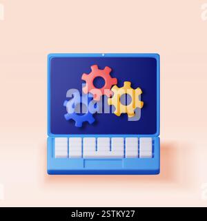 3D laptop with gears on screen isolated Stock Vector