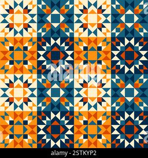 Patchwork style geometric pattern with blue and yellow accents, seamless repeating patterns, vector art style, simple shapes, flat color blocks, retro Stock Vector