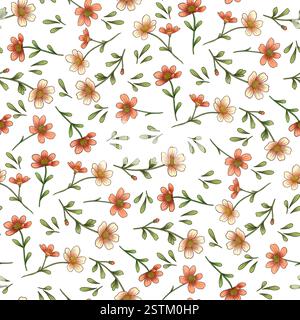 Little Watercolor Flowers Seamless Pattern, Hand Drawn Floral All Over Print Design. Stock Photo