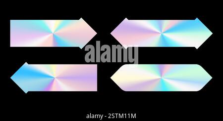 Set of realistic holograms in the shape of arrows. Rainbow color gradient. 3d vector on black Stock Vector