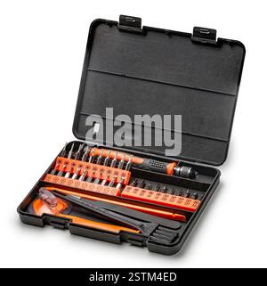 Set of magnetic precision screwdriver bits with black and orange handle  in a black case on white background Stock Photo