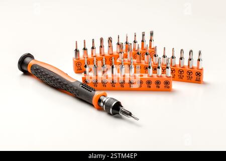Set of magnetic precision screwdriver bits with black and orange handle on white background Stock Photo