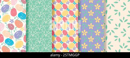 Set of textured seamless patterns on Easter theme. Backgrounds with eggs, flowers and herbs. Botanical motifs print for textile, wrapping, paper Stock Vector