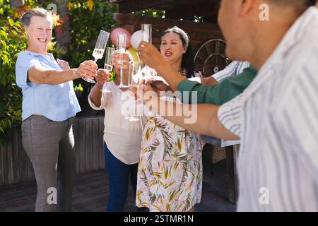 Diverse senior friends of diverse senior friends raising glasses in joyful outdoor celebration, smiling and cheering. friendship, outdoors, cheers, ha Stock Photo