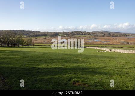 View of Leighton Moss RSPB Reserve from the lower slopes of Warton Crag Lancashre England Stock Photo