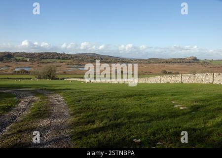 View of Leighton Moss RSPB Reserve from the lower slopes of Warton Crag Lancashre England Stock Photo