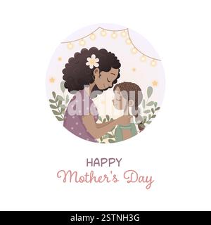 Mother's Day. Square card, dark-skinned mom hugging her daughter Stock Vector