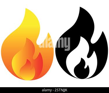 Simple flat fire or flame icon in colour gradient and silhouette versions isolated on a white background Stock Vector