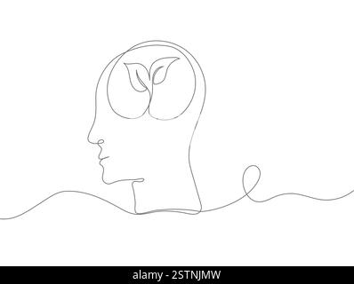Minimalist continuous line drawing of a human head with a plant growing inside, symbolizing mental health, Stock Vector